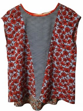 Dalia Red Floral Patchwork Cottagecore Navy Stripe Inset Cap Sleeve Blouse Top